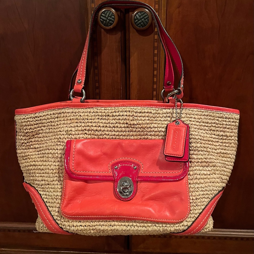 Coach Coral andTan Straw Tote Bag with Sophisticated Design (NWOT)